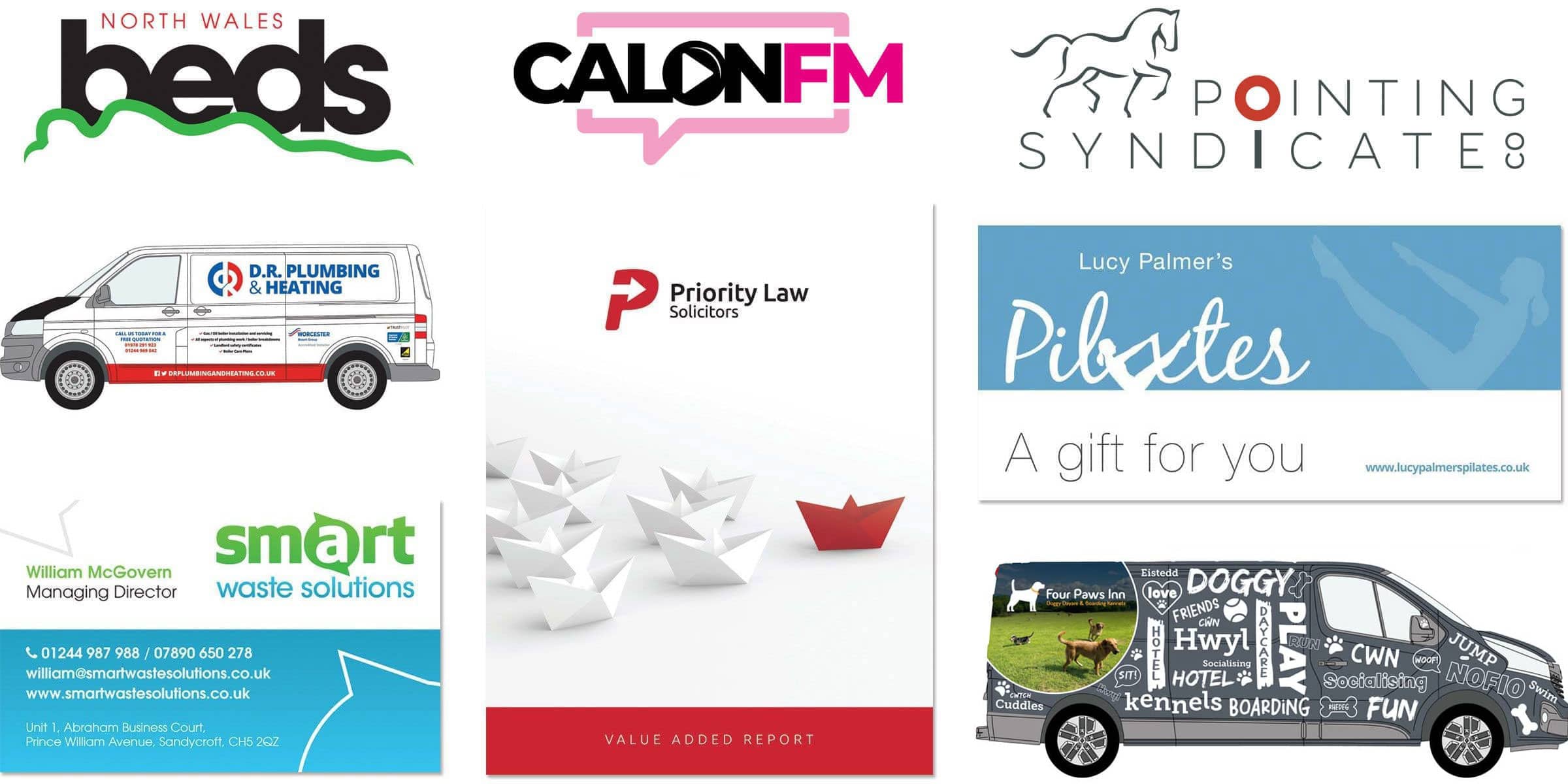 Examples of logo design, business cards, brochures, vehicle livery and gift vouchers designed for businesses in Wrexham & Chester